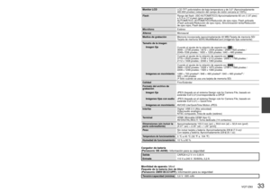 Page 3332   VQT1Z83VQT1Z83   33
Especificaciones DMC-ZS3
Cámara digital: Información para su seguridad
AlimentaciónCC 5,1 V
Consumo de energía Al grabar: 1,3 W 
Al reproducir fotografías: 0,6 W
Píxeles efectivos de la cámara10.100.000 píxeles
Sensor de imagen CCD de 1/2,33”, número total de pixeles: 12.700.000
Filtro de color principal
Objetivo Zoom óptico de 12 ×
f = 4,1 mm a 49,2 mm (equivalente a cámara de película de 35 mm: \
25 mm a 300 mm)/F3,3 a F4,9
Zoom digitalMáximo 4 x 
Zoom óptico adicional Máximo...