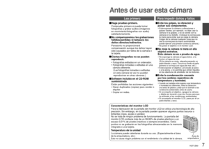 Page 76   VQT1Z83VQT1Z83   7
ÍndiceAntes de usar esta cámara
 Antes de usar esta cámara
Antes de usar esta cámara ................... 7Lea primero ................................................... 8
Para impedir daños y fallos ........................... 8
Nombres de las partes .......................... 9Botón del cursor ............................................ 9
 Preparativos
Carga de la batería .............................. 10
Inserción de la batería y la tarjeta ...... 12
Destino de almacenamiento...