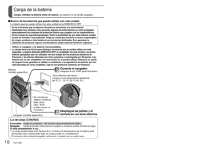 Page 1010   VQT1Z83VQT1Z83   11
Carga de la batería
Cargue siempre la batería antes de usarla. (La batería no se vende cargada.)
  Acerca de las baterías que puede utilizar con esta unidad
  La batería que se puede utilizar con esta unidad es la DMW-BCG10PP.
Se ha encontrado que en algunos mercados se encuentran a la venta baterí\
as 
falsificadas muy similares a las genuinas. Algunas de estas baterías no están protegidas 
adecuadamente con sistemas de protección interna que cumplen con los \
requerimientos 
de...