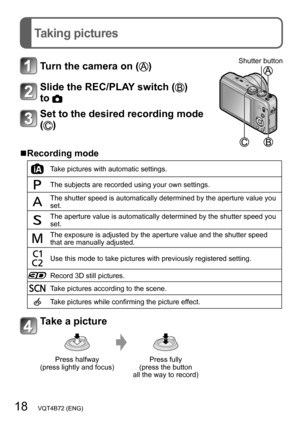 Page 1818   VQT4B72 (ENG)
Taking pictures
Turn the camera on ()Shutter button
Slide the REC/PLAY switch () 
to 
Set to the desired recording mode 
(
)
 ■Recording mode
Take pictures with automatic settings.
The subjects are recorded using your own settings.
The shutter speed is automatically determined by the aperture value you 
set.
The aperture value is automatically determined by the shutter speed you 
set.
The exposure is adjusted by the aperture value and the shutter speed 
that are manually adjusted.
Use...
