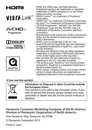 Page 36 • HDMI, the HDMI Logo, and High-Definition Multimedia Interface are trademarks or registered 
trademarks of HDMI Licensing LLC in the United 
States and other countries.
 • HDAVI Control™ is a trademark of Panasonic Corporation.
 •VIERA Link™ is a trademark of Panasonic Corporation. • EZ Sync™ is a trademark of Panasonic Corporation. • “AVCHD Progressive”, “AVCHD”, the “A VCHD 
Progressive” Logo and the “AVCHD” Logo are 
trademarks of Panasonic Corporation and Sony 
Corporation.
 •Manufactured under...