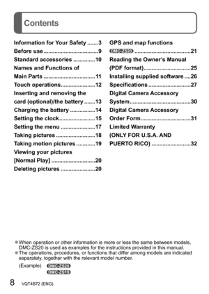 Page 88   VQT4B72 (ENG)
Contents
Information for Your Safety .......3
Before use
 ...................................9
Standard accessories
 ..............10
Names and Functions of  
Main Parts
 ................................. 11
Touch operations
 ......................12
Inserting and removing the  
card (optional)/the battery
 .......13
Charging the battery
 ................14
Setting the clock
 .......................15
Setting the menu
 ......................17
Taking pictures...