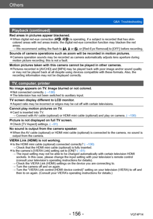 Page 156VQT4P14
Others
Q&A  Troubleshooting
- 156 -
Playback (continued)
Red areas in pictures appear blackened. ●When digital red-eye correction (, ) is operating, if a subject is recorded that has skin-
colored areas with red areas inside, the digital red-eye correction function may blacken the red 
areas.
 →  We recommend

 setting the flash to 
,  or , or [Red-Eye Removal] to [OFF] before recording.
Sounds of camera operations such as zoom will be recorded in motion pictures. ●Camera operation sounds may be...