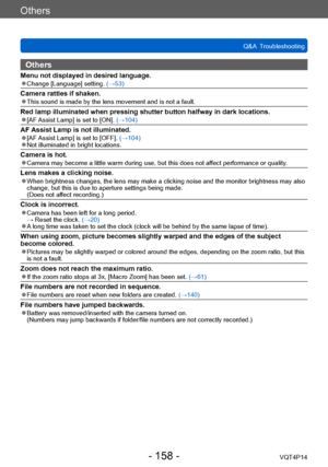 Page 158VQT4P14
Others
Q&A  Troubleshooting
- 158 -
Others
Menu not displayed in desired language. ●Change [Language] setting. (→53)
Camera rattles if shaken. ●This sound is made by the lens movement and is not a fault.
Red lamp illuminated when pressing shutter button halfway in dark locations. ●[AF Assist Lamp] is set to [ON].  (→104)
AF Assist Lamp is not illuminated. ●[AF Assist Lamp] is set to [OFF].  (→104) ●Not illuminated in bright locations.
Camera is hot. ●Camera may become a little warm during use,...