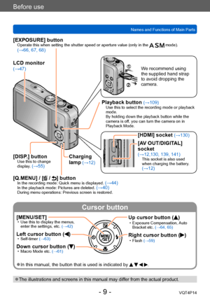 Page 9VQT4P14
Before use
Names and Functions of Main Parts
Cursor button
- 9 -
We recommend using 
the supplied hand strap 
to avoid dropping the 
camera.
[HDMI] socket (→130)
[AV OUT/DIGITAL] 
socket
(→12,130, 139, 141)This socket is also used 
when charging the battery. 
(→12)
[EXPOSURE] buttonOperate this when setting the shutter speed or aperture value (only in the    mode). (→66, 67, 68)
LCD monitor (→47)
Charging 
lamp (→12)[DISP.] buttonUse this to change 
display. (→55)
[Q.MENU] / [ / ] button In the...