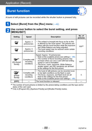 Page 88VQT4P14
Application (Record)
Burst function
- 88 -
A burst of still pictures can be recorded while the shutter button is pressed fully.
Select [Burst] from the [Rec] menu (→42)
Use cursor button to select the burst setting, and press 
[MENU/SET]
Setting SpeedDescriptionNo. of 
pictures
Approx. 2 
pictures/sec. • The subject is brought into focus as far as this  is allowed by the burst speed. The pictures are 
taken with the burst function while the exposure 
and White Balance are being adjusted.
 • The...