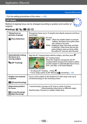 Page 100VQT4P14
Application (Record)
Using the [Rec] menu
- 100 -
 • For the setting procedures of the menu. (→42)
[AF Mode]
Method of aligning focus can be changed according to position and number of 
subjects.
 ■Settings:  /  /  /  / 
Taking front-on 
pictures of people
 (Face Detection) Recognizes faces (up to 15 people) and adjusts exposure and focus 
accordingly.AF area
Yellow :  When the shutter button is pressed 
halfway, the frame turns green when 
the camera is focused.
White
 :  Displayed when more...