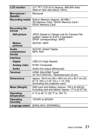 Page 21 (ENG) VQT4N96   21
LCD monitor3.0” TFT LCD (4:3) (Approx. 460,800 dots) 
(field of view ratio about 100%)
Microphone / 
Speaker Monaural
Recording media Built-in Memory (Approx. 90 MB) /  
SD Memory Card / SDHC Memory Card /  
SDXC Memory Card
Recording file 
format Still picture JPEG (based on Design rule for Camera File 
system, based on Exif 2.3 standard /  
DPOF corresponding) / MPO
Motion 
pictures AVCHD / MP4
Audio 
compression 
format  AVCHD: Dolby
® Digital
MP4: AAC
Interface Digital USB 2.0...