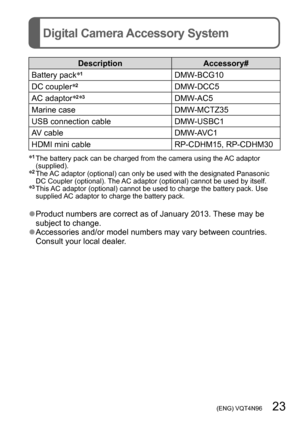 Page 23 (ENG) VQT4N96   23
Digital Camera Accessory System
DescriptionAccessory#
Battery pack *1DMW-BCG10
DC coupler *2DMW-DCC5
AC adaptor *2*3DMW-AC5
Marine case DMW-MCTZ35
USB connection cable DMW-USBC1
AV cable DMW-AVC1
HDMI mini cable RP-CDHM15, RP-CDHM30
*
1  The battery pack can be charged from the camera using the  AC adaptor 
(supplied). 
*2  The AC adaptor (optional) can only be used with the designated Panasonic 
DC Coupler (optional).  The AC adaptor (optional) cannot be used by itself.
*3  This AC...