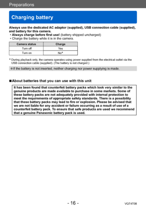 Page 16Preparations
Charging battery
VQT4T08- 16 -
Always use the dedicated AC adaptor (supplied), USB connection cable (supplied), 
and battery for this camera.
 •Always charge before first use! 

(battery shipped uncharged)
 • Charge the battery while it is in the camera.
Camera statusCharge
Turn off Yes
Turn on No
*
*
   During playback only, the camera operates using power supplied from the electrical outlet via the 
USB connection cable (supplied). (The battery is not charged.)
 ●If the battery is not...