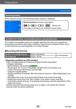 Page 20Preparations
Charging batteryVQT4T08
- 20 -
Remaining battery
When using the camera, the remaining battery capacity is displayed.
Remaining battery (only when using battery)
(flashes red)
If the battery mark flashes red, recharge or replace battery.
Guidelines for number of recordable pictures and operating time
The number of recordable pictures or available operating time may vary according to 
surrounding environment and usage conditions. Figures may be reduced if flash, zoom, 
or other functions are...