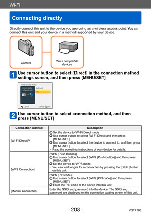 Page 208Wi-Fi
Connecting directly
VQT4T08- 208 -
Directly connect this unit to the device you are using as a wireless access point. You can 
connect this unit and your device in a method supported by your device.
Camera Wi-Fi compatible 
devices
Use cursor button to select [Direct] in the connection method 
settings screen, and then press [MENU/SET]
Use cursor button to select connection method, and then 
press [MENU/SET]
Connection method Description
[Wi-Fi Direct]™
  Set the device to Wi-Fi Direct mode  Use...