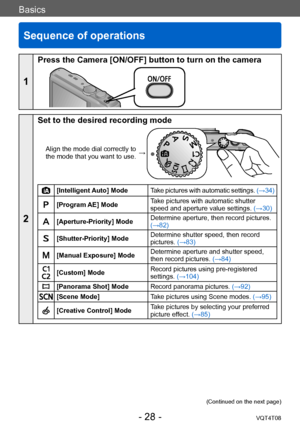 Page 28Basics
Sequence of operations
VQT4T08- 28 -
Basics
1
Press the Camera [ON/OFF] button to turn on the camera
2
Set to the desired recording mode
Align the mode dial correctly to 
the mode that you want to use. →
[Intelligent Auto] Mode
Take pictures with automatic settings.  (→34)
[Program AE] ModeTake pictures with automatic shutter 
speed and aperture value settings. 
(→30)
[Aperture-Priority] ModeDetermine aperture, then record pictures. 
(→82)
[Shutter-Priority] ModeDetermine shutter speed, then...