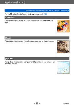 Page 86Application (Record)
Taking Pictures with different picture effects  [Creative Control] modeVQT4T08
- 86 -
For the [Creative Control] menu setting procedures. (→85)
[Expressive]
This picture effect creates a pop art style picture that enhances the 
color.
[Retro]
This picture effect creates the soft appearance of a tarnished picture.
[High Key]
This picture effect creates a brighter and lighter toned appearance for 
the entire picture.    