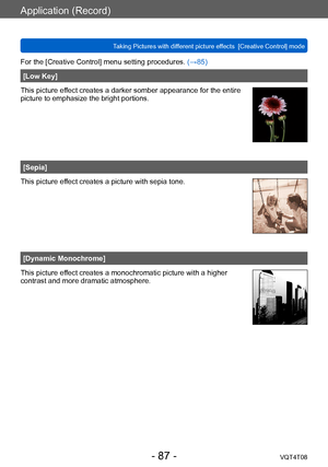 Page 87Application (Record)
Taking Pictures with different picture effects  [Creative Control] modeVQT4T08
- 87 -
For the [Creative Control] menu setting procedures. (→85)
[Low Key]
This picture effect creates a darker somber appearance for the entire 
picture to emphasize the bright portions.
[Sepia]
This picture effect creates a picture with sepia tone.
[Dynamic Monochrome]
This picture effect creates a monochromatic picture with a higher 
contrast and more dramatic atmosphere.    