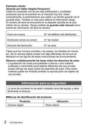 Page 22   VQT4S89 (SPA)
Estimado cliente: 
¡Gracias por haber elegido Panasonic!
Usted ha comprado uno de los más sofisticados y confiables 
productos que se encuentran en el mercado hoy día. Úselo 
correctamente, le garantizamos que usted y su familia gozarán de él 
durante años. Tómese un rato para rellenar la información abajo.
El número de serie se encuentra en la etiqueta ubicada en la cara 
inferior de su cámara. Tenga cuidado de guardar este manual como 
fuente de información útil para la cámara.
Fecha...