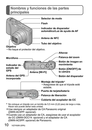 Page 1010   VQT4S89 (SPA)
Nombres y funciones de las partes 
principales
*   No coloque un trípode con un tornillo de 5,5 mm (0,22 pies) de largo o más. Hacer eso puede dañar esta unidad.
 ●Use siempre un adaptador de CA Panasonic original  
(DMW-AC5PP: opcional).
 ●Cuando use un adaptador de CA, asegúrese de usar el acoplador 
de CC (DMW-DCC14: opcional) y el adaptador de CA  
(DMW-AC5PP: opcional) de Panasonic. Selector de modo
Flash
Indicador de disparador 
automático/Luz de ayuda de AF
Antena de NFC
Tubo...