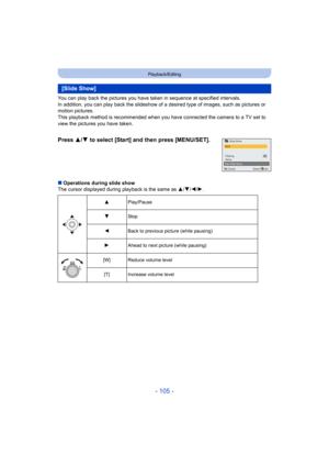 Page 105- 105 -
Playback/Editing
You can play back the pictures you have taken in sequence at specified intervals.
In addition, you can play back the slideshow of a desired type of images, such as pictures or 
motion pictures.
This playback method is recommended when you have connected the camera to a TV set to 
view the pictures you have taken.
∫ Operations during slide show
The cursor displayed during playback is the same as  3/4/ 2/1.
[Slide Show]
Press 3/ 4 to select [Start] and then press [MENU/SET].
3...