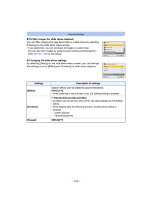 Page 106- 106 -
Playback/Editing
∫To filter images for slide show playback
You can filter images and play them back in a slide show by selecting 
[Filtering] on the slide show menu screen.
•
If you select [All], you can play back all images in a slide show.
You can also filter images by using the same setting as [Filtering Play].
Refer to P107 –108  for the setting.
∫Changing the slide show settings
By selecting  [Setup] on the slide show menu screen, you can change 
the settings such as [Effect] and [Duration]...