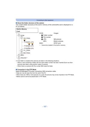 Page 157- 157 -
Connecting to other equipment
∫About the folder structure of the camera
The content (folder structure) of the built-in memory of the camera/the card is displayed on a 
PC as follows:
•
A new folder is created when pictures are taken in the following situations.
–When a card containing a folder with the same  folder number has been inserted (Such as when 
pictures were taken using another maker of camera)
–When there is a picture with file number 999 inside the folder
∫ Connection in the PTP Mode...