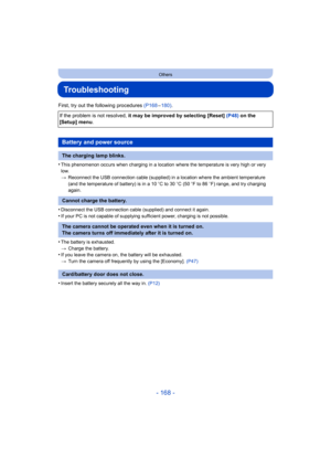 Page 168- 168 -
Others
Troubleshooting
First, try out the following procedures (P168–180) .
•
This phenomenon occurs when charging in a location where the temperature is very high or very 
low.
> Reconnect the USB connection cable (supplied) in a location where the ambient temperature 
(and the temperature of battery) is in a 10 oC to 30 oC (50  oF to 86  oF)  range, and try charging 
again.
•Disconnect the USB connection cable (supplied) and connect it again.
•If your PC is not capable of supplying sufficient...