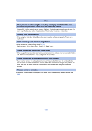Page 180- 180 -
Others
•It is possible that the subject may be warped slightly, or the borders get colored, depending on the 
zoom magnification, due to the characteristics of the lens, but this is not a malfunction.
•When using the Extended Optical Zoom, the zooming action will stop temporarily. This is not a 
malfunction.
•Is the camera set to Macro Zoom Mode? (P63)
Maximum zoom during Macro Zoom Mode is 3 k digital zoom.
•When you perform an operation after taking a certain action, the pictures may be...