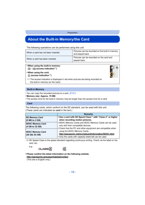 Page 19- 19 -
Preparation
About the Built-in Memory/the Card
•You can copy the recorded pictures to a card. (P121)•Memory size: Approx. 70 MB
•The access time for the built-in memory may be longer than the access time for a card.
The following cards, which conform to the SD standard, can be used with this unit.
(These cards are indicated as card in the text.)
¢2 SD Speed Class is the speed standard regarding continuous writing. Check via the label on the 
card, etc.
•Please confirm the latest information on the...