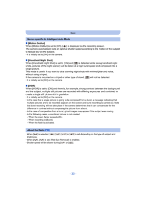 Page 30- 30 -
Basic
∫[Motion Deblur]
When [Motion Deblur] is set to [ON], [ ] is displayed on the recording screen.
The camera automatically sets an optimal shutter speed according to the motion of the subject 
to reduce blur on the subject.
•
It is initially set to [ON] on the camera.
∫ [iHandheld Night Shot]
When [iHandheld Night Shot] is set to [ON] and [ ] is detected while taking handheld night 
shots, pictures of the night scenery will be taken at a high burst speed and composed into a 
single picture....