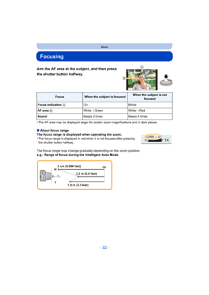 Page 32- 32 -
Basic
Focusing
Aim the AF area at the subject, and then press 
the shutter button halfway.
•The AF area may be displayed larger for certain zoom magnifications and in dark places.
∫About focus range
The focus range is displayed when operating the zoom.
•
The focus range is displayed in red when it is not focused after pressing 
the shutter button halfway.
The focus range may change gradually depending on the zoom position.
e.g.: Range of focus during the Intelligent Auto Mode
FocusWhen the subject...