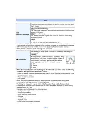 Page 46- 46 -
Basic
•The brightness of the pictures displayed on the monitor is increased so some subjects may appear 
different from real life on the monitor. However, this does not affect the recorded pictures.
•When [Monitor Luminance] is set, the usage time is reduced.
•When the recorded picture and the Histogram do not match each other under the following 
conditions, the Histogram is displayed in orange.
–When the Manual Exposure Assistance is other than [0] during exposure compensation or in the 
Manual...