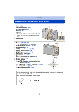 Page 8- 8 -
Before Use
Names and Functions of Main Parts
1 Flash (P59)
2 Self-timer indicator  (P64)
AF Assist Lamp  (P99)
3 Lens  (P6, 182)
4 Speaker •
Be careful not to cover the speaker with your 
finger. Doing so may make sound difficult to 
hear.
5 Lens barrier
6 Monitor  (P56, 163,  182)
•Peel off the protective film before use.
7 [EXPOSURE] button  (P67, 68 , 69)
8Charging lamp (P13)
Wi-Fi
® connection lamp  (P123)
9 Motion picture button  (P34)
10 [ (] (Playback) button  (P37)
11 [MENU/SET] button...