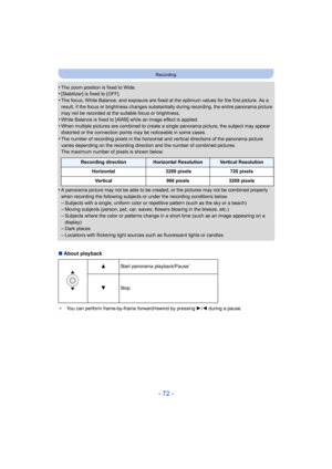 Page 72- 72 -
Recording
•The zoom position is fixed to Wide.•[Stabilizer] is fixed to [OFF].•The focus, White Balance, and exposure are fixed at the optimum values for the first picture. As a 
result, if the focus or brightness changes substantially during recording, the entire panorama picture 
may not be recorded at the suitable focus or brightness.
•White Balance is fixed to [AWB] while an image effect is applied.
•When multiple pictures are combined to create a single panorama picture, the subject may...