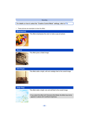 Page 80- 80 -
Recording
For details on how to select the “Creative Control Mode” settings, refer to P79.
¢These pictures are examples to show the effect.
This effect emphasizes the color to make a pop art picture.
This effect gives a faded image.
This effect adds a bright, soft and nostalgic feel to the overall image.
This effect adds a bright, airy and soft feel to the overall image.
[Expressive]
[Retro]
[Old Days]
[High Key]
•If you select this effect with Panorama Shot Mode, the effect may not be 
apparent...