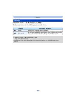 Page 89- 89 -
Recording
Applicable modes: 
Set the compression rate at which the pictures are to be stored.
•
The setting is fixed to [›] in the following case.
–[High Sens.] (Scene Mode)•[Quality] cannot be set in the Intelligent Auto Mode. Setting of other Recording Mode will be 
reflected.
[Quality]
SettingsDescription of settings
[A ]([Fine]) When giving priority to the picture quality
[› ]([Standard]) When using the standard picture quality and increasing the number of 
pictures to be recorded without...