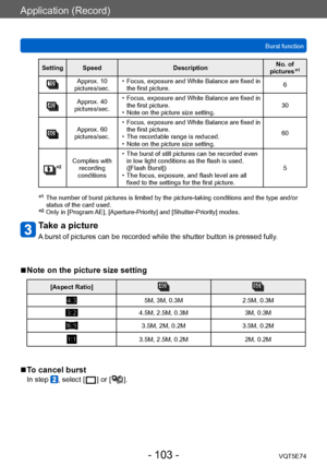 Page 103Application (Record)
Burst functionVQT5E74
- 103 -
Setting Speed DescriptionNo. of 
pictures*1
Approx. 10 
pictures/sec. • Focus, exposure and White Balance are fixed in  the first picture. 6
Approx. 40 
pictures/sec. • Focus, exposure and White Balance are fixed in  the first picture.
 • Note on the picture size setting. 30
Approx. 60 
pictures/sec. • Focus, exposure and White Balance are fixed in  the first picture.
 • The recordable range is reduced. • Note on the picture size setting. 60
*2Complies...