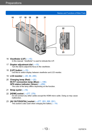 Page 13Preparations
Names and Functions of Main PartsVQT5E74
- 13 -
16Viewfinder (LVF) (→15)In this manual, “viewfinder” is used to indicate the LVF.
17Diopter adjustment dial  (→15)Turn the dial to adjust the focus in the viewfinder.
18[LVF] button  (→15)Use this to switch display between viewfinder and LCD monitor.
19LCD monitor (→65, 66, 295)
20 Charging lamp (Red)  (→20)
Wi-Fi
® connection lamp (Blue)  (→186)
GPS status indicator (Green)  (→258)
The color of the lamp differs depending on the function....