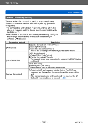 Page 249Wi-Fi/NFC
About connectionsVQT5E74
- 249 -
[Direct] Connecting directly
You can select the connection method to your equipment. 
Select a connection method with which your equipment is 
compatible.
 • T

o connect this unit with [Wi-Fi Direct], Android OS 4.0 or 
above is required and the device must be compatible with 
Wi-Fi Direct™.
 • WPS refers to a function that allows you to easily configure  the settings related to the connection and security of 
wireless LAN devices.
Connection method...