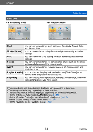 Page 61Basics
Setting the menuVQT5E74
- 61 -
Menu type
 ●In Recording Mode ●In Playback Mode
[Rec] You can perform settings such as tones, Sensitivity, Aspect Ratio, 
and Picture Size.
[Motion Picture] You can select the recording format and picture quality and other 
settings.
[GPS] You can select the GPS setting, location name display and other 
settings.
[Setup] You can perform settings for convenience of use such as the clock 
setting and changing of the beep sounds.
[Wi-Fi] You can perform settings...