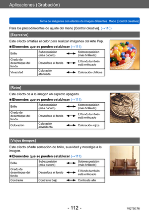 Page 112Aplicaciones (Grabación)
Toma de imágenes con efectos de imagen diferentes  Modo [Control creativo]VQT5E76
- 112 -
Para los procedimientos de ajuste del menú [Control creativo]. (→110)
[Expresivo]
Este efecto enfatiza el color para realizar imágenes del Arte Pop.
 ■Elementos que se pueden establecer (→111)
Brillo Subexposición 
(más oscuro)Sobreexposición 
(más brillante)
Grado de 
desenfoque del 
fondo Desenfoca el fondo
El fondo también 
está enfocado
Vivacidad Coloración 
atenuada
Coloración chillona...
