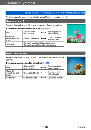 Page 115Aplicaciones (Grabación)
Toma de imágenes con efectos de imagen diferentes  Modo [Control creativo]VQT5E76
- 115 -
Para los procedimientos de ajuste del menú [Control creativo]. (→110)
[Proceso cruzado]
Este efecto añade a sus fotos una vista con colores dramáticos.
 ■Elementos que se pueden establecer (→111)
Brillo Subexposición 
(más oscuro)Sobreexposición 
(más brillante)
Grado de 
desenfoque del 
fondo Desenfoca el fondo
El fondo también 
está enfocado
Coloración Coloración verdosa / Coloración...