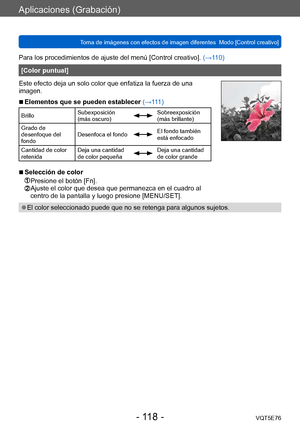 Page 118Aplicaciones (Grabación)
Toma de imágenes con efectos de imagen diferentes  Modo [Control creativo]VQT5E76
- 118 -
Para los procedimientos de ajuste del menú [Control creativo]. (→110)
[Color puntual]
Este efecto deja un solo color que enfatiza la fuerza de una 
imagen.
 ■Elementos que se pueden establecer (→111)
Brillo Subexposición 
(más oscuro)Sobreexposición 
(más brillante)
Grado de 
desenfoque del 
fondo Desenfoca el fondo
El fondo también 
está enfocado
Cantidad de color 
retenida Deja una...