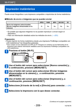 Page 209Wi-Fi/NFC
Impresión inalámbrica
VQT5E76- 209 -
Puede enviar fotografías a una impresora compatible e imprimirlas de forma inalámbrica.
 ■Método de envío e imágenes que se pueden enviar
JPEG RAW MP4 AVCHD 3D
Envío de imágenes seleccionadas.
[Enviar imágenes almacenadas en la 
cámara] Sí No No No No
 • Es posible que algunas imágenes no se puedan reproducir o enviar según el 
dispositivo.
 • Para ver información detallada sobre los métodos de envío.  (→253)
Preparación:
 • Puede imprimir de forma...