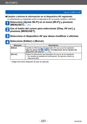 Page 237Wi-Fi/NFC
Uso de “LUMIX CLUB”VQT5E76
- 237 -
 ■Cambie o elimine la información en el dispositivo AV registrado.
La información ya registrada sobre el dispositivo AV se puede cambiar o eliminar.
Seleccione [Ajuste Wi-Fi] en el menú [Wi-Fi] y presione  
[MENU/SET].
 (→60)
Use el botón del cursor para seleccionar [Disp. AV ext.] y 
presione [MENU/SET].
Seleccione el dispositivo AV que desee modificar o eliminar.
Seleccione [Editar] o [Borrar].
Elemento Descripción
[Editar] Cambie la información del...