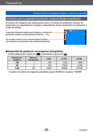 Page 26Preparativos
Almacenamiento de las imágenes (tarjetas y memoria incorporada)VQT5E76
- 26 -
Directrices para la capacidad de grabación (imágenes/tiempo de grabación)
El número de imágenes que usted puede tomar y el tiempo de grabación cambian en 
proporción a la capacidad de la tarjeta (y dependiendo de las condiciones de grabación y 
el tipo de tarjeta).
Capacidad estimada restante para imágenes o tiempo de 
grabación (cambie con [Visualización restante]  (→68))
Se visualiza cuando no hay ninguna tarjeta...