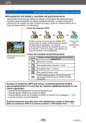 Page 259GPS
Uso de la función GPS para grabar la ubicación de una imagenVQT5E76
- 259 -
 ■Visualización del estado y resultado del posicionamiento
Aparecerán los iconos que indican el estado y el resultado del posicionamiento. 
Cuando el posicionamiento se realice satisfactoriamente, la cámara buscará la 
información de nombre de lugar (nombre de lugar y punto de interés) dentro de su 
base de datos interna y la visualizará.
Información de nombres 
de lugares
Icono de recepción GPS
El mismo número de iconos que...