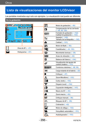 Page 295Otros
Lista de visualizaciones del monitor LCD/visor
VQT5E76- 295 -
Las pantallas mostradas aquí solo son ejemplos. La visualización real puede ser diferente.
En la grabación
Modo de grabación (→30)
Compensación de luz de fondo 
(→36, 39, 150)
60iFormato de grabación  (→152)
Calidad de grabación  (→152)
Aspecto (→140)
Tamaño de la fotografía  (→140)
Calidad (→141)
Modo de flash  (→85)
Estabilizador (→44, 150)
Movimiento borroso  (→38)
Aviso de vibración (→44)
Balance del blanco  (→144)
Visualización del...