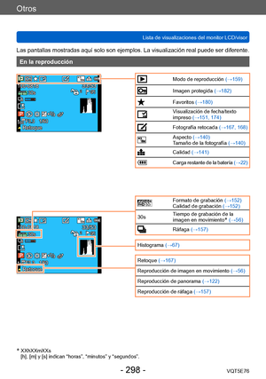 Page 298Otros
Lista de visualizaciones del monitor LCD/visorVQT5E76
- 298 -
Las pantallas mostradas aquí solo son ejemplos. La visualización real puede ser diferente.
En la reproducción
Modo de reproducción (→159)
Imagen protegida (→182)
Favoritos (→180)
Visualización de fecha/texto 
impreso (→151, 174)
Fotografía retocada (→167, 168)
Aspecto (→140)
Tamaño de la fotografía  (→140)
Calidad (→141)
Carga restante de la batería  (→22)
60iFormato de grabación (→152)
Calidad de grabación  (→152)
30s Tiempo de...