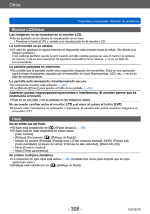 Page 308Otros
Preguntas y respuestas  Solución de problemasVQT5E76
- 308 -
Monitor LCD/Visor
Las imágenes no se muestran en el monitor LCD. ●Se ha ajustado en la cámara la visualización en el visor. →  Presione el botón [LVF] y cambie a la visualización en el monitor LCD.
La luminosidad no es estable. ●El valor de apertura se ajusta mientras el disparador está pulsado hasta la mitad. (No afecta a la 
imagen grabada.)  
Este síntoma también puede ocurrir cuando el brillo cambia porque se usa el zoom o la cámara...