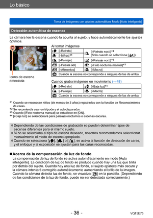 Page 36Lo básico
Toma de imágenes con ajustes automáticos Modo [Auto inteligente] VQT5E76
- 36 -
Detección automática de escenas
La cámara lee la escena cuando la apunta al sujeto, y hace automáticamente los ajustes 
óptimos.
Icono de escena 
detectada Al tomar imágenes
[i-Retrato][i-Retrato noct.]*2 
(Solo cuando se selecciona [  ])[i-Niños]*1
[i-Paisaje][i-Paisaje noct.]*2
[i-Puesta sol][i-Foto nocturna manual]*3
[i-Alimentos][i-Macro]
Cuando la escena no corresponde a ninguna de las de arriba
Cuando graba...