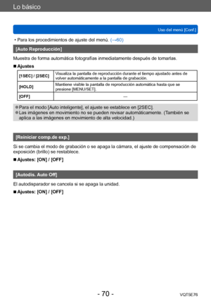 Page 70Lo básico
Uso del menú [Conf.]VQT5E76
- 70 -
 • Para los procedimientos de ajuste del menú.  (→60)
[Auto Reproducción]
Muestra de forma automática fotografías inmediatamente después de tomarlas.
 ■Ajustes
[1SEC] / [2SEC] Visualiza la pantalla de reproducción durante el tiempo ajustado antes de 
volver automáticamente a la pantalla de grabación.
[HOLD] Mantiene visible la pantalla de reproducción automática hasta que se 
presione [MENU/SET].
[OFF] —
 ●Para el modo [Auto inteligente], el ajuste se...
